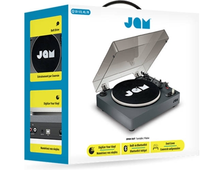 Tocadiscos JAM Bluetooth Spun Out (Negro - Manual - Correa - 33 1/3 - 45 - 78 rpm) — El Tocadiscos JAM Bluetooth Spun Out está listo para girar todos sus discos a velocidades de 33-1 / 3. 45. y 78 RPM También dispone de salida para auriculares. Bluetooth incorporado y puede convertir discos de vinilo en MP3