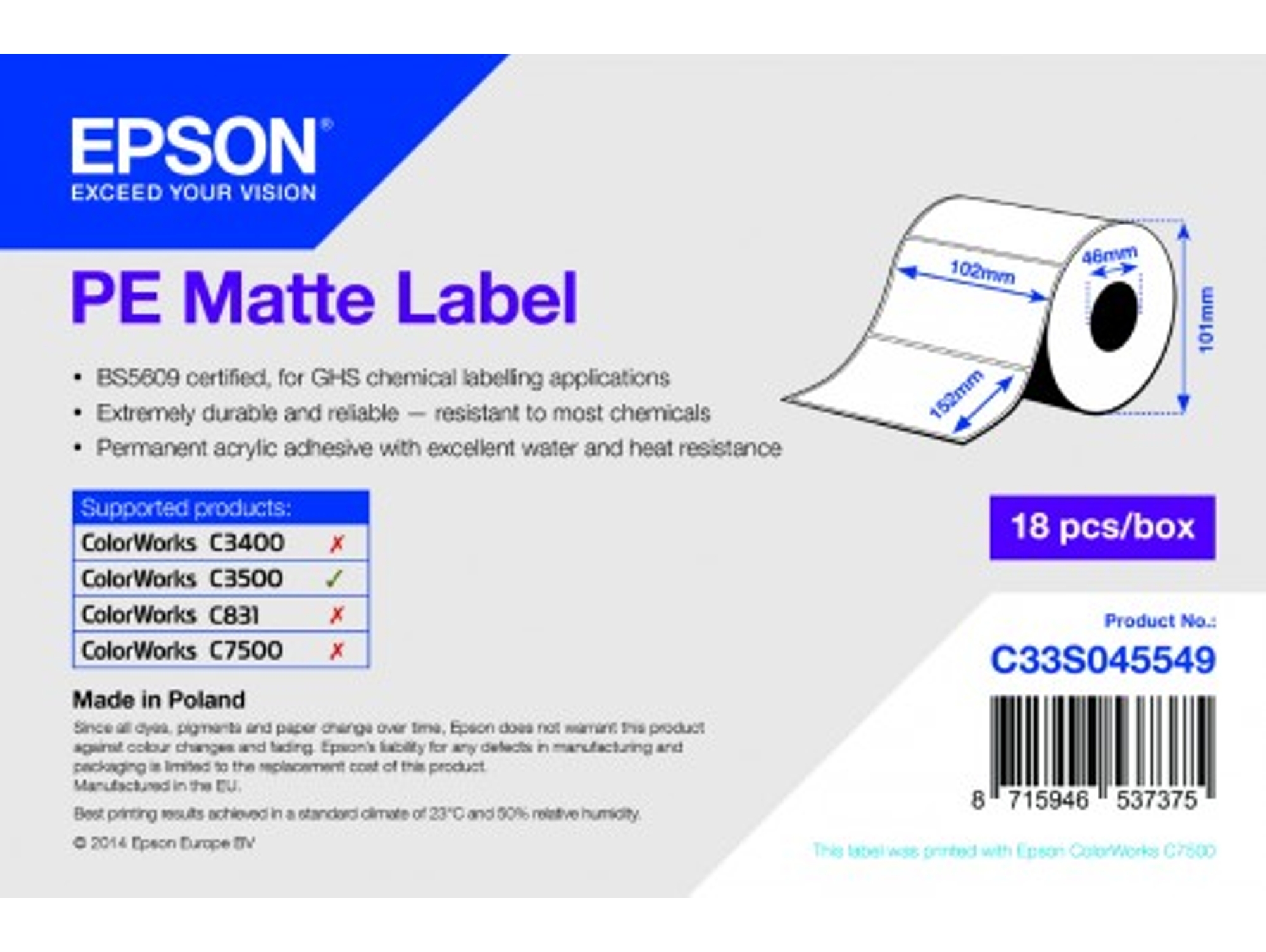 Papel para Etiquetas EPSON PE Matte Die-cut Roll: 102mm x 152mm 185 etiquetas