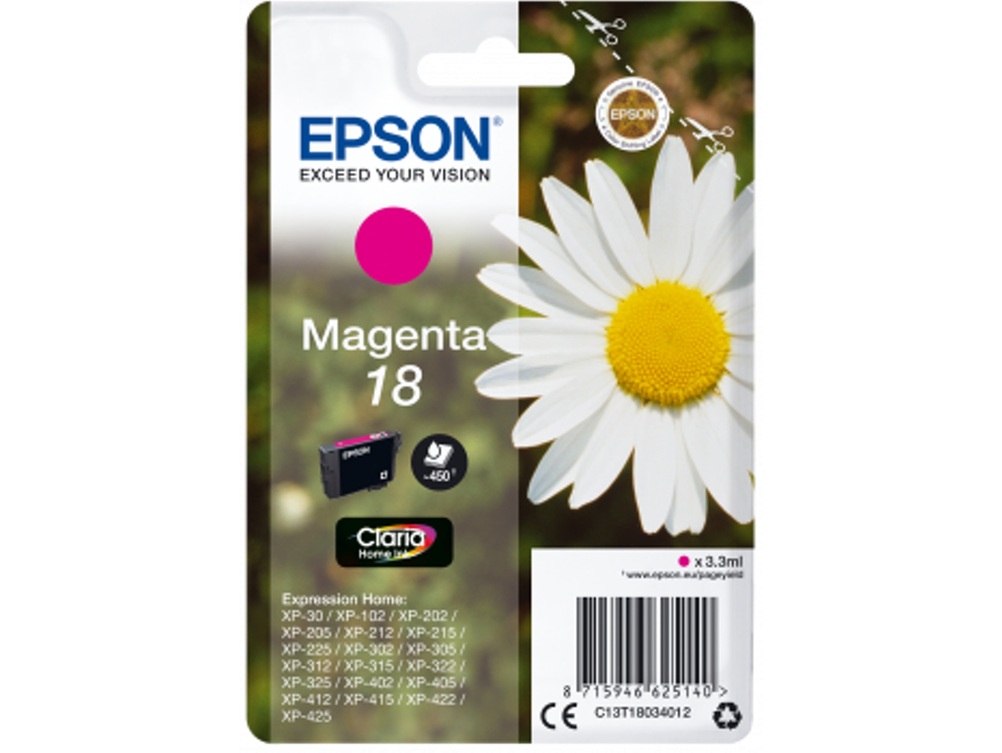 Cartucho de tinta original EPSON, Tinta Claria Home, 18, Margarita 3,3 ml, Magenta, C13T18034012, T1803