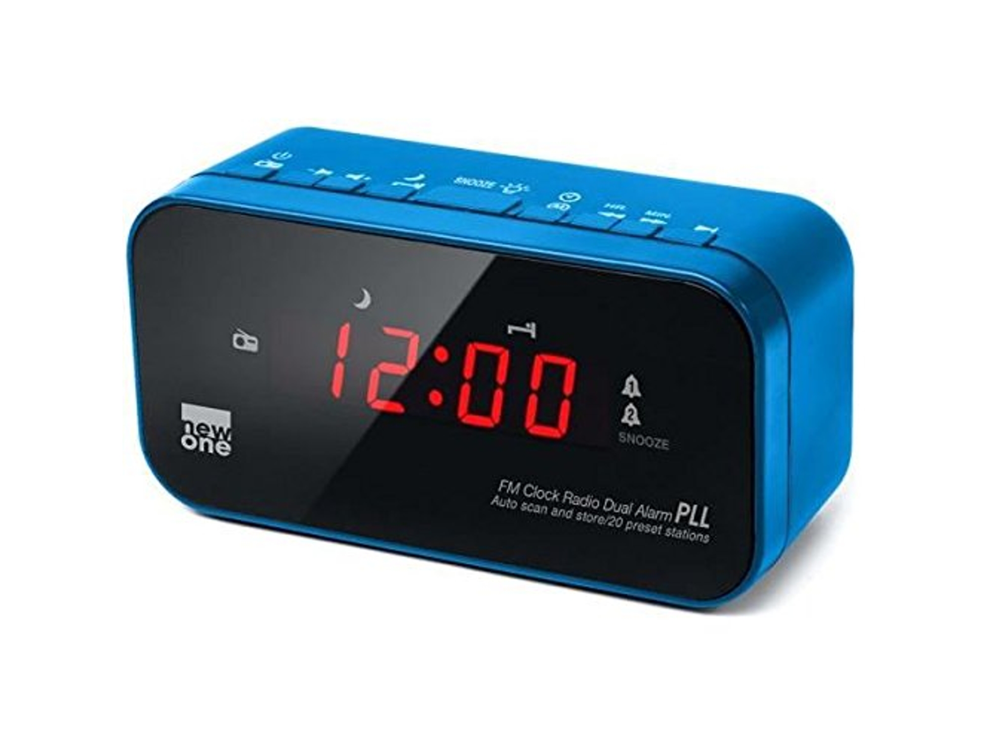 Radio Despertador NEW ONE CR120BL (Azul - Analógico - FM - Corriente - Alarma Doble - Función Snooze)