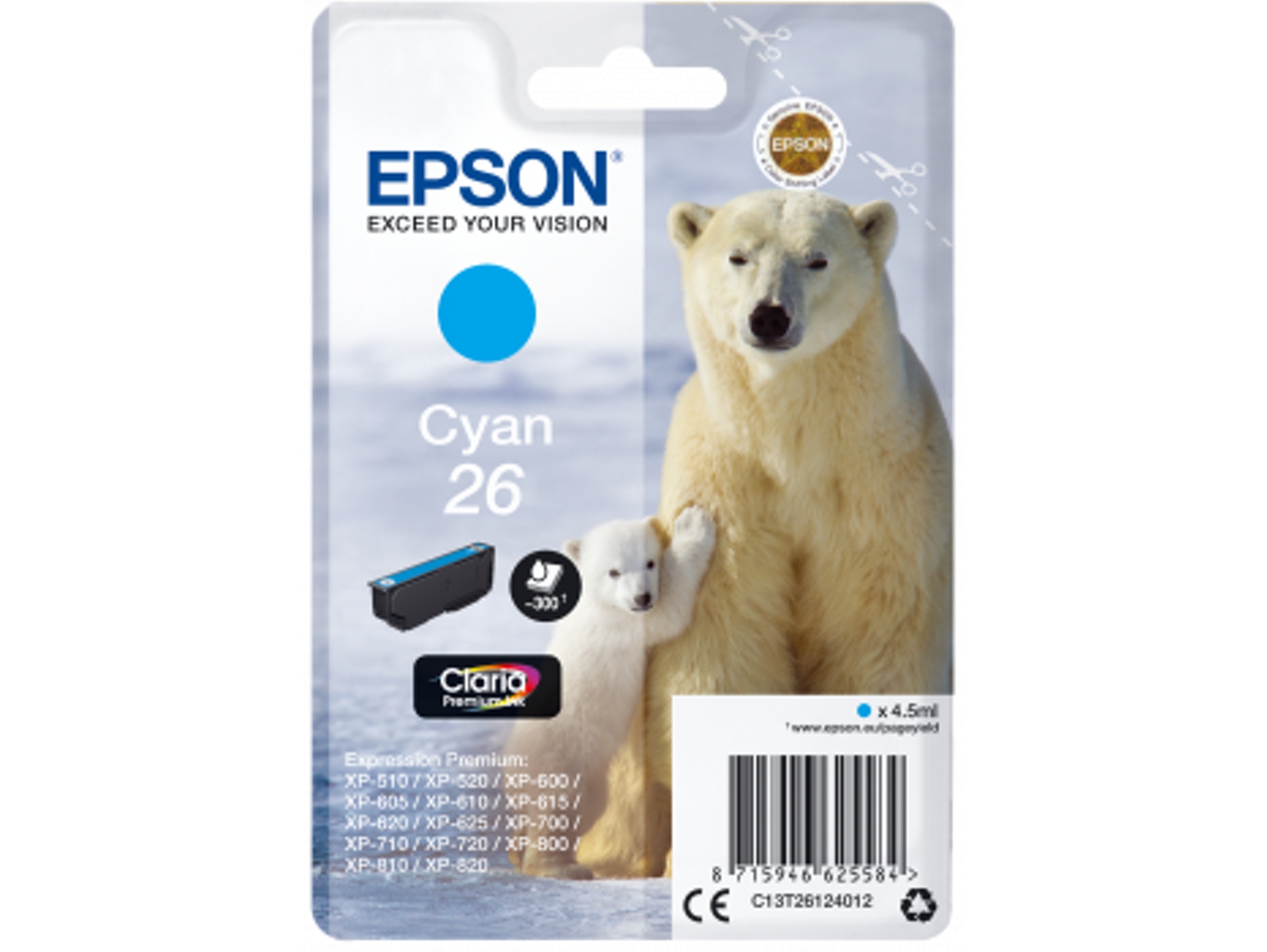Cartucho de tinta original EPSON, 26, Oso polar 4,5 ml, Cian, C13T26124012, T2612