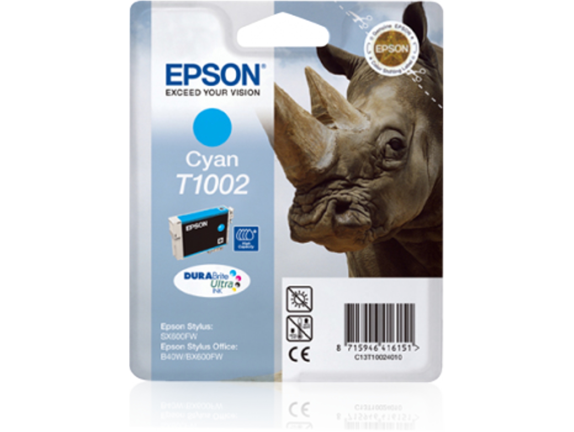 Cartucho de tinta original EPSON T1002, Rinoceronte 11,1 ml, Cian, C13T10024010