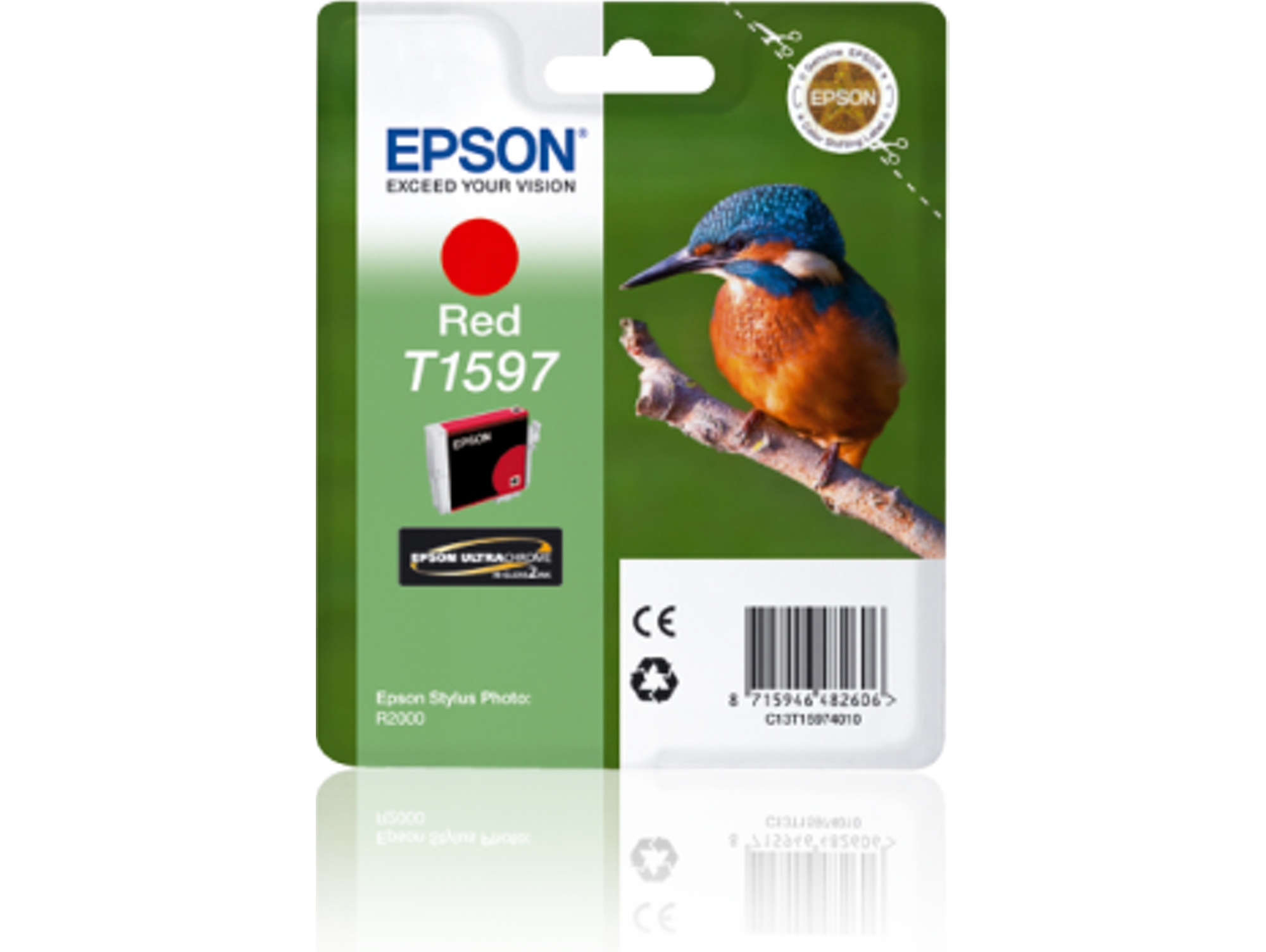 Cartucho de tinta original EPSON, T1597, Martín pescador, 17 ml, Rojo, C13T15974010