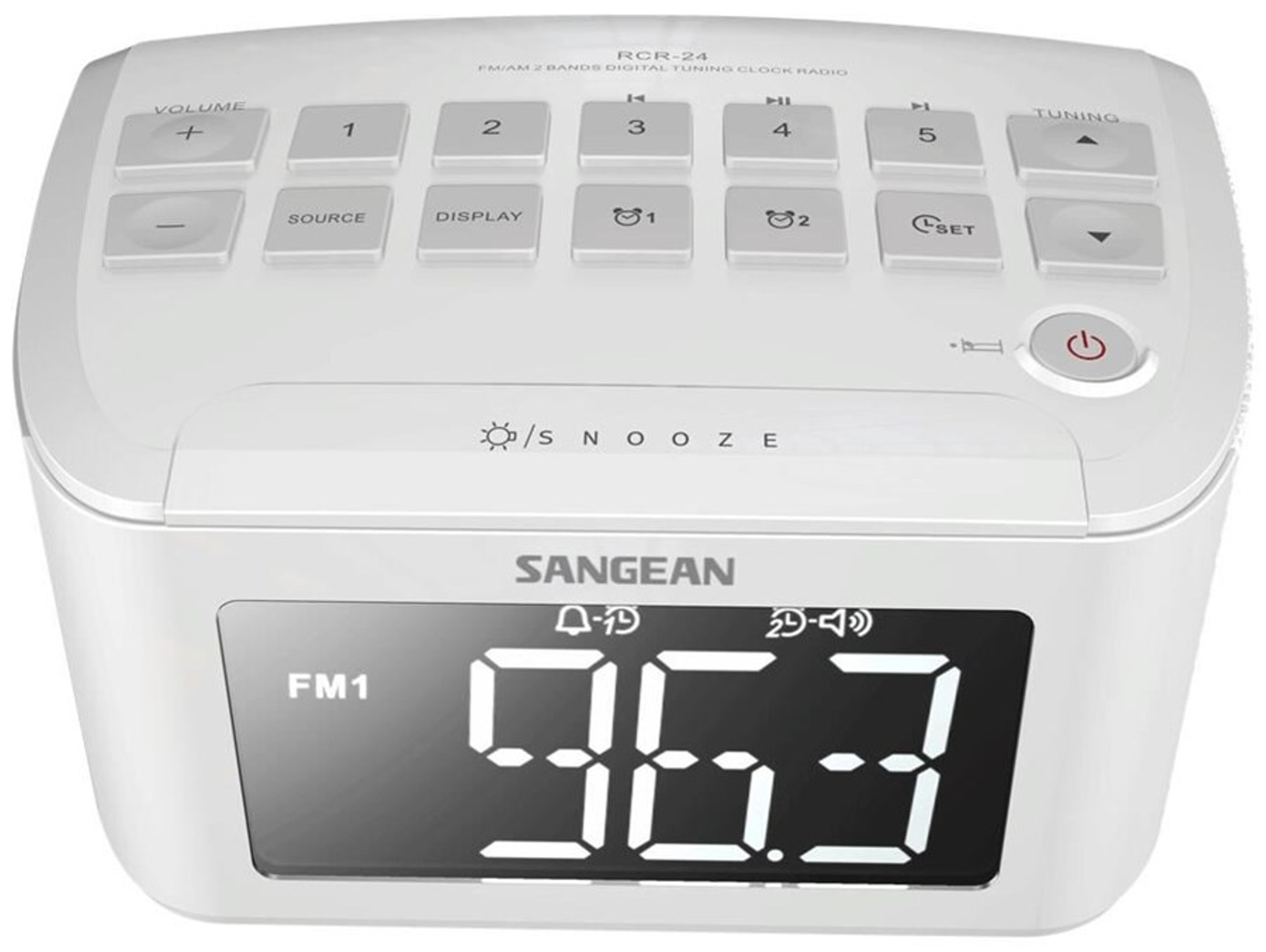 Radio Despertador SANGEAN RCR-24 (Blanco - Digital - AM/FM - Pilas y Corriente - Alarma Doble - Función Snooze)