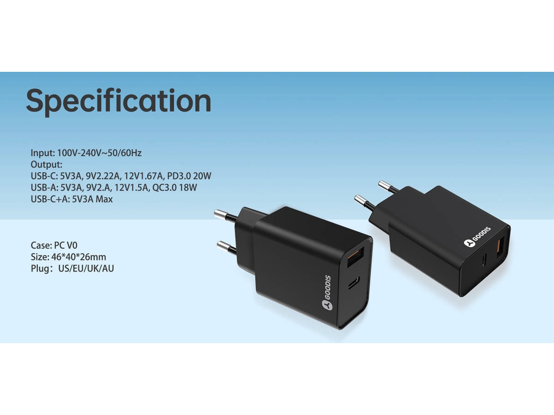 Cargador GOODIS USB-C - 20W y USB-A - 18W (Negro)