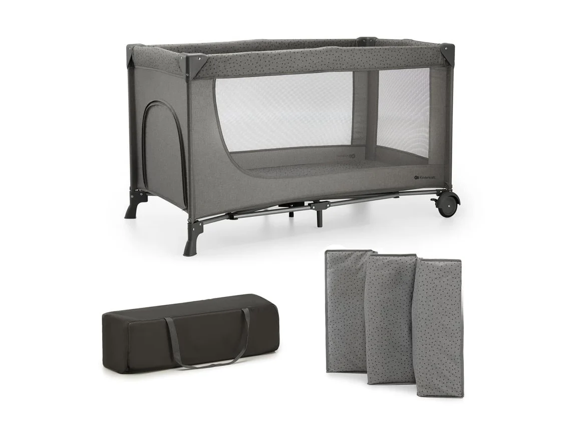 Cama De Viaje Kinderkraft JOY 2 2 en 1 para casa y viajes con laterales de malla y ruedas para mover Gris