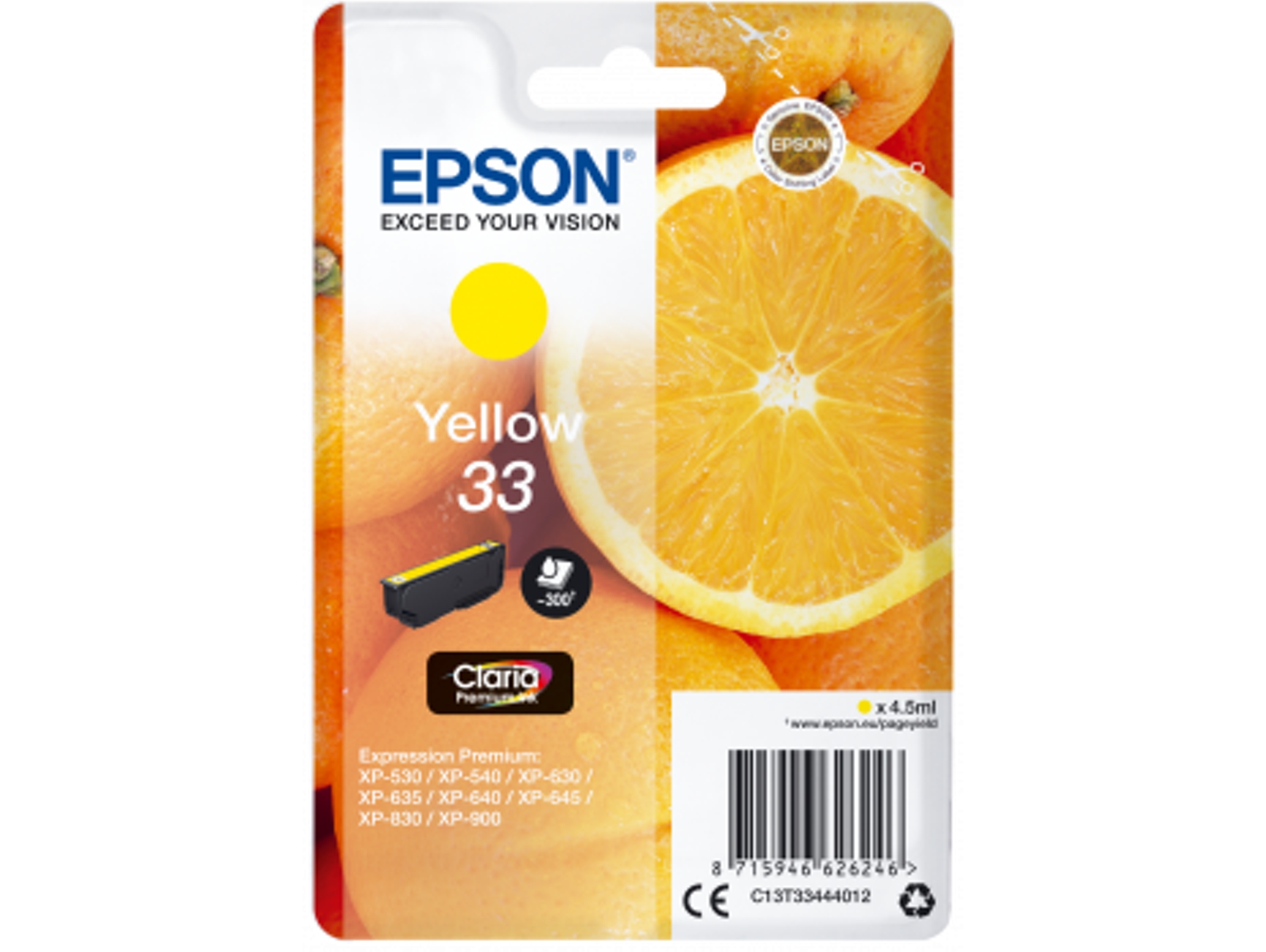 Cartucho de tinta original EPSON, 33, Naranjas 4,5 ml, Amarillo, Estándar, C13T33444012, T3344