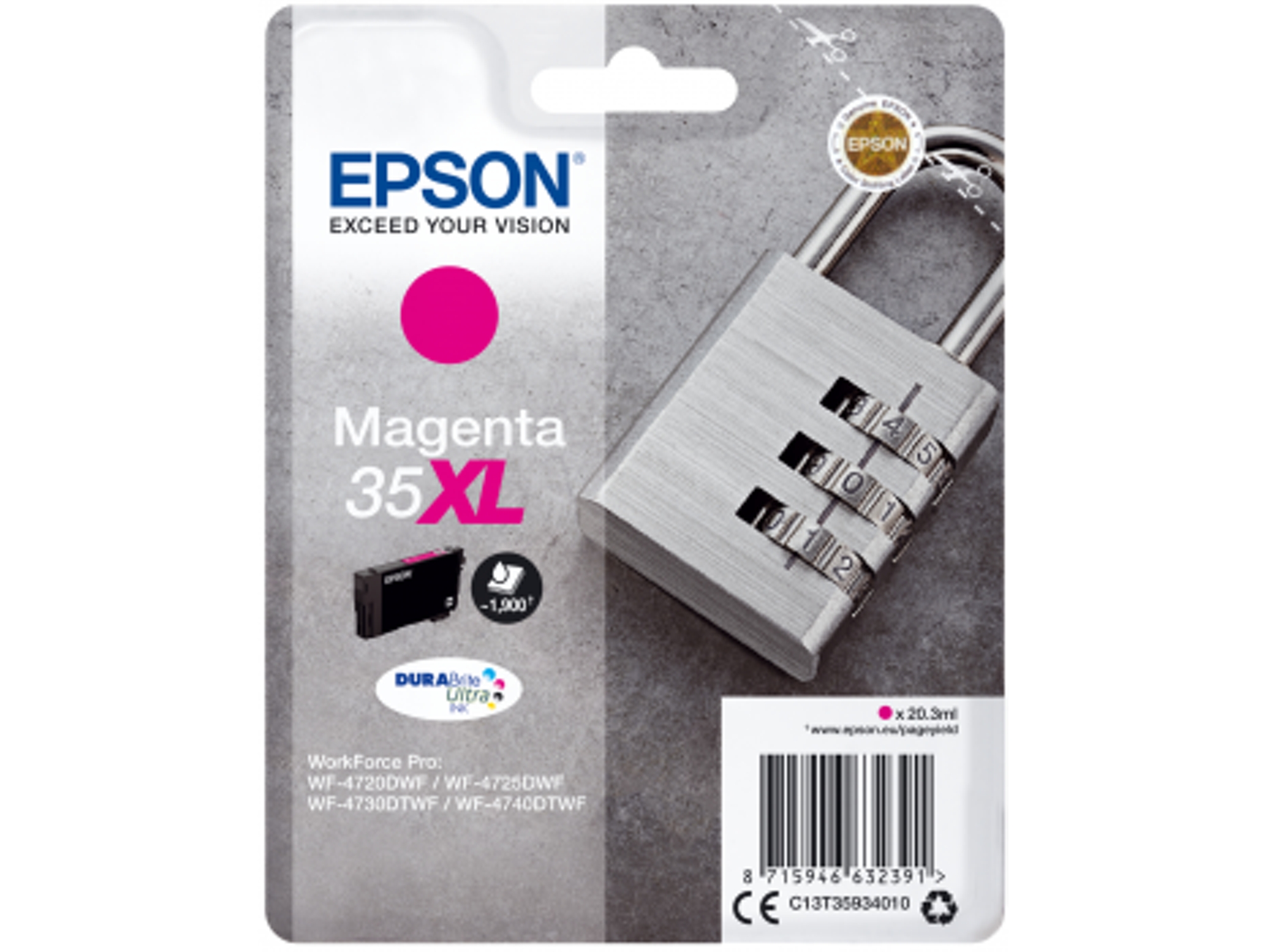 Cartucho de tinta original EPSON 35XL, Candado 20,3 ml, Magenta, XL, C13T35934010, T3593