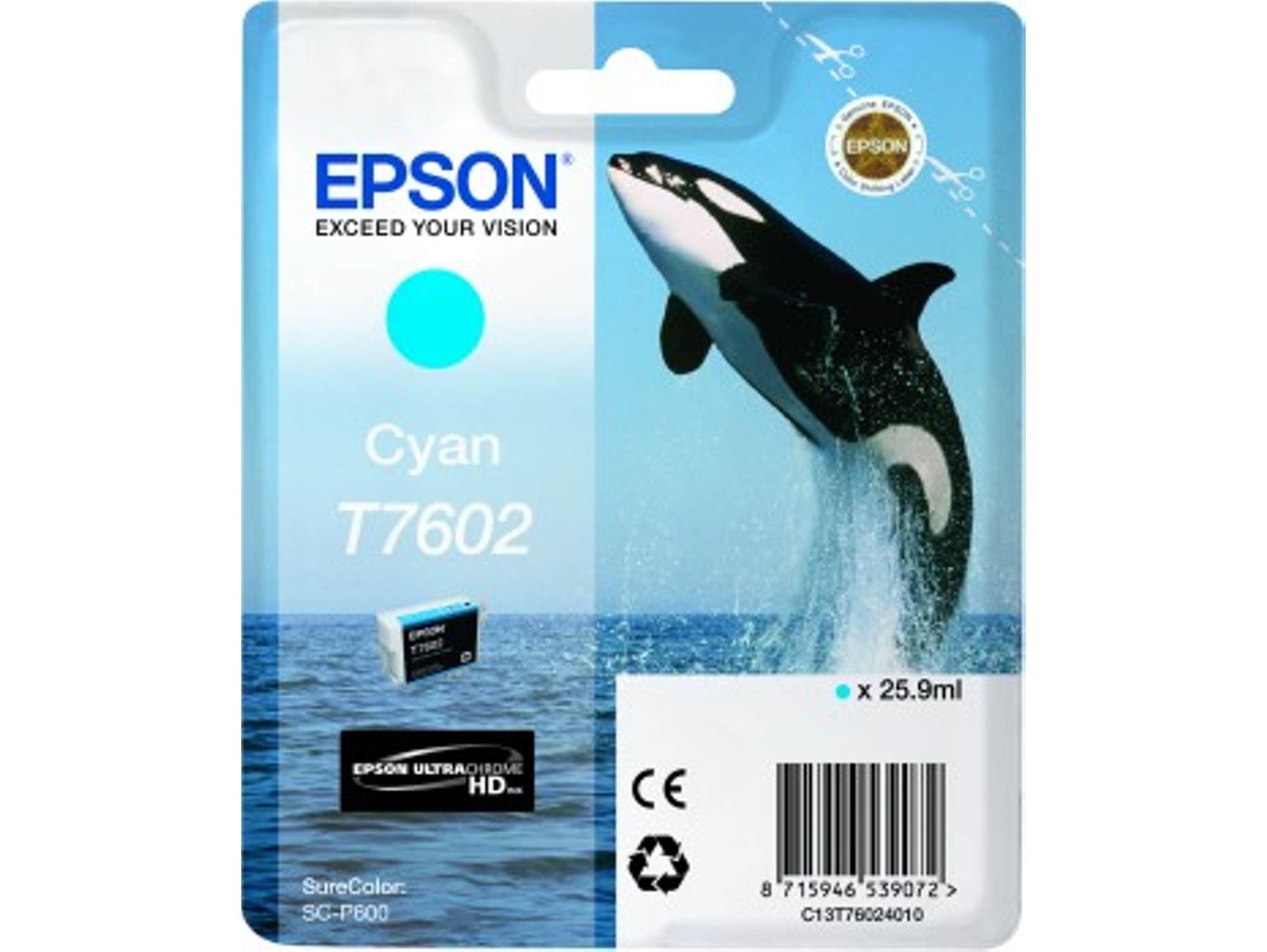 Cartucho de tinta original EPSON, T7602, Orca 25,9 ml, Cian, C13T76024010