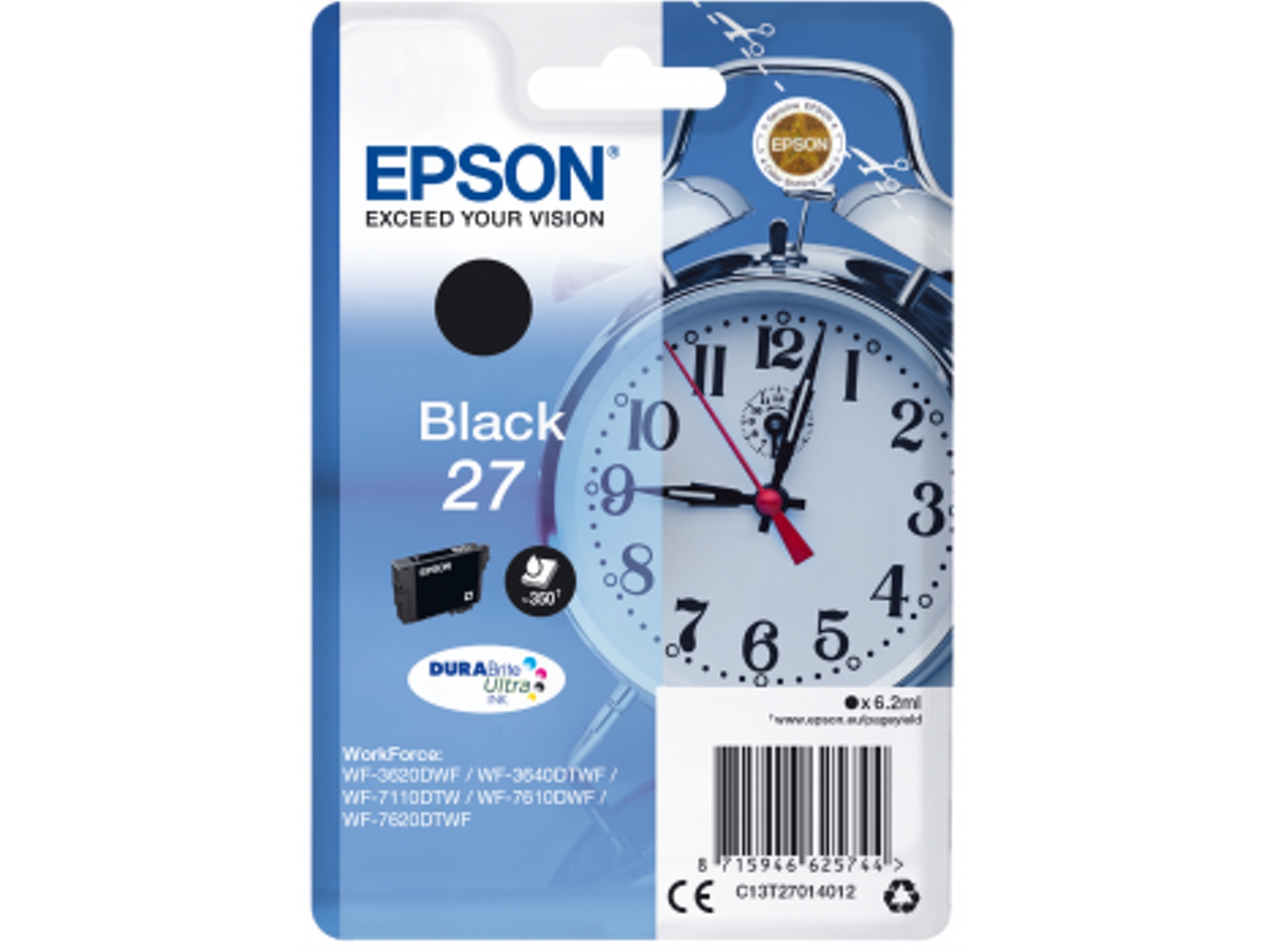 Cartucho de tinta original EPSON 27, Despertador 6,2 ml, Negro, C13T27014012, T2701