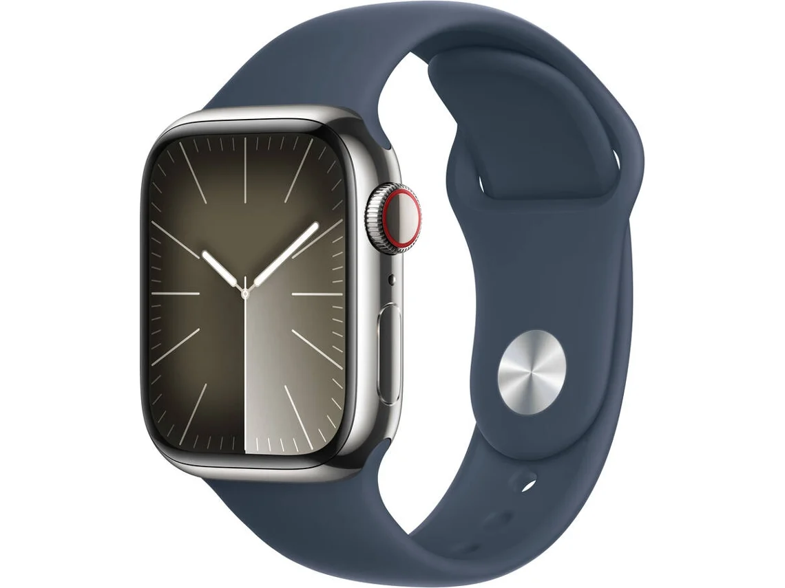 APPLE Watch Series 9 GPS+Cellular 41 mm Acero Inoxidable Plata con Correa Deportiva Azul Tormenta (Talla: M/L)