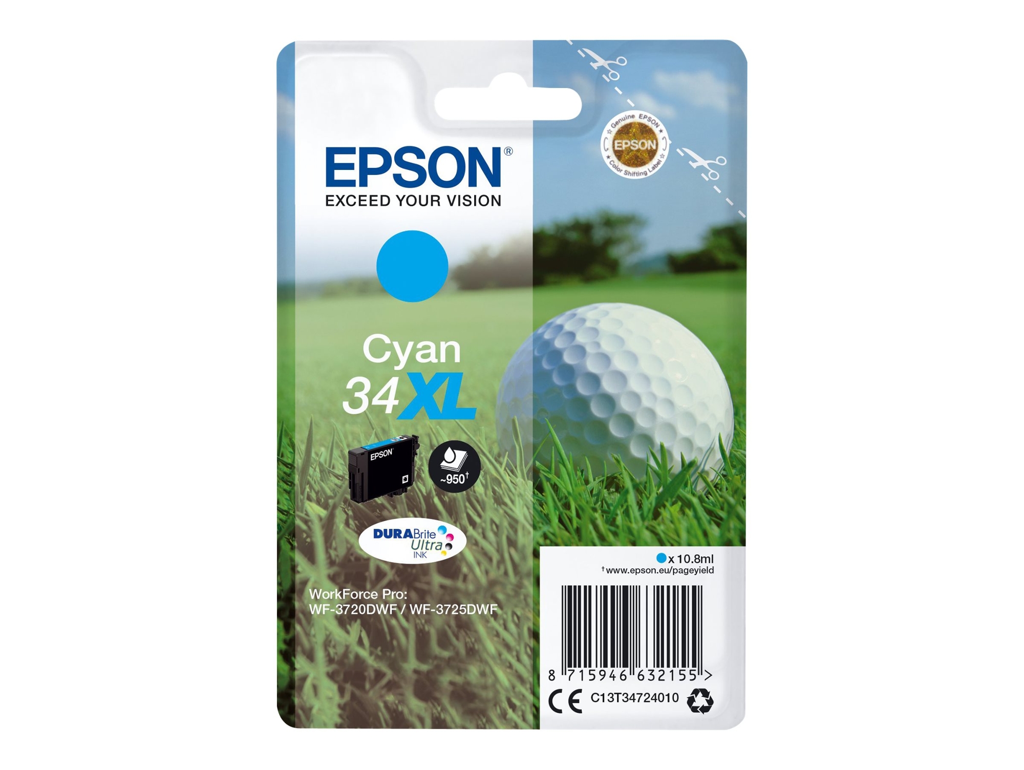 Cartucho de tinta original EPSON 34XL, Bola de golf 10,8 ml, Cian, XL, C13T34724020, T3472