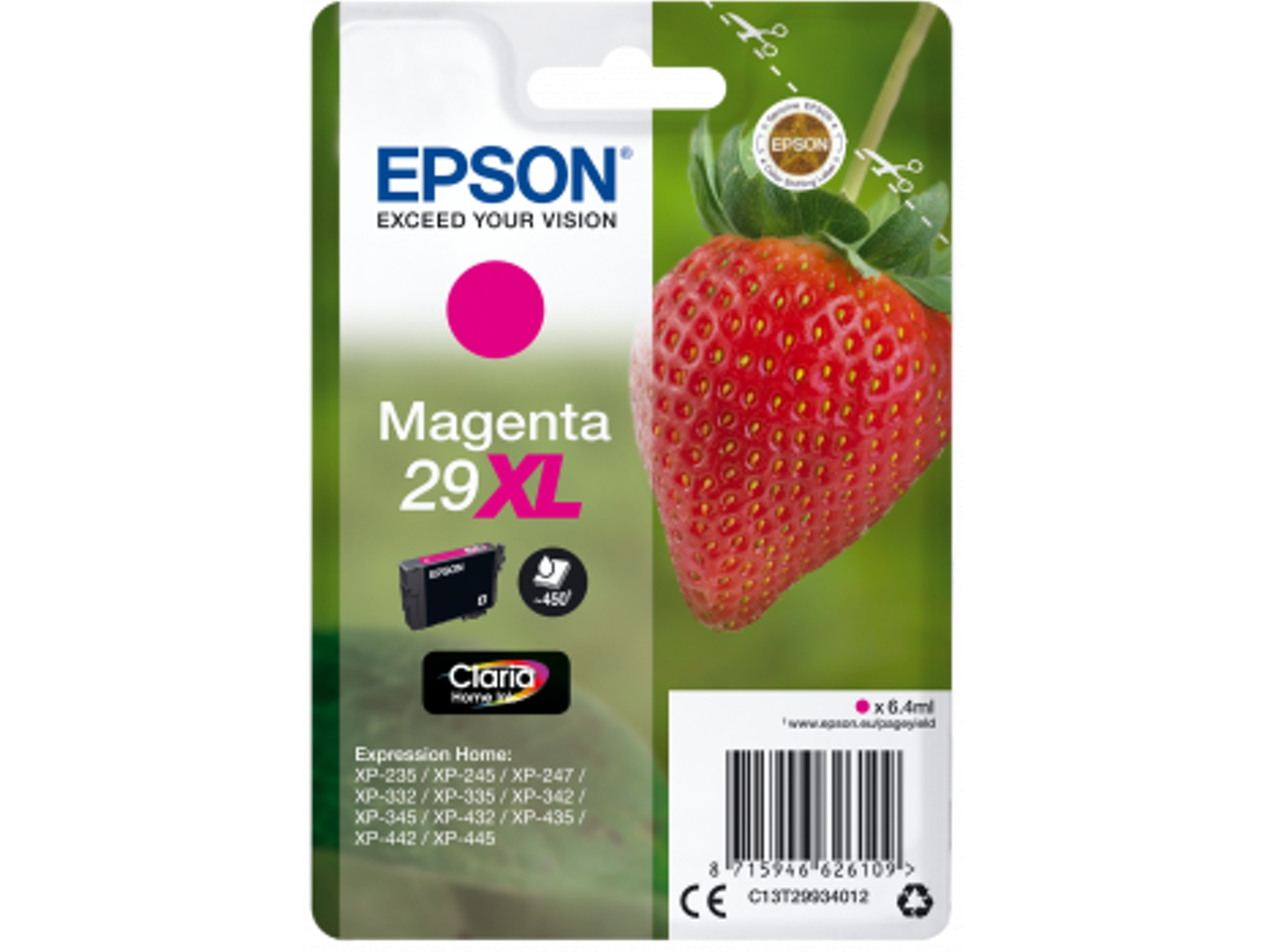 Cartucho de tinta original EPSON, 29, Fresa 6,4 ml, Magenta, Alta, XL, C13T29934012, T2993