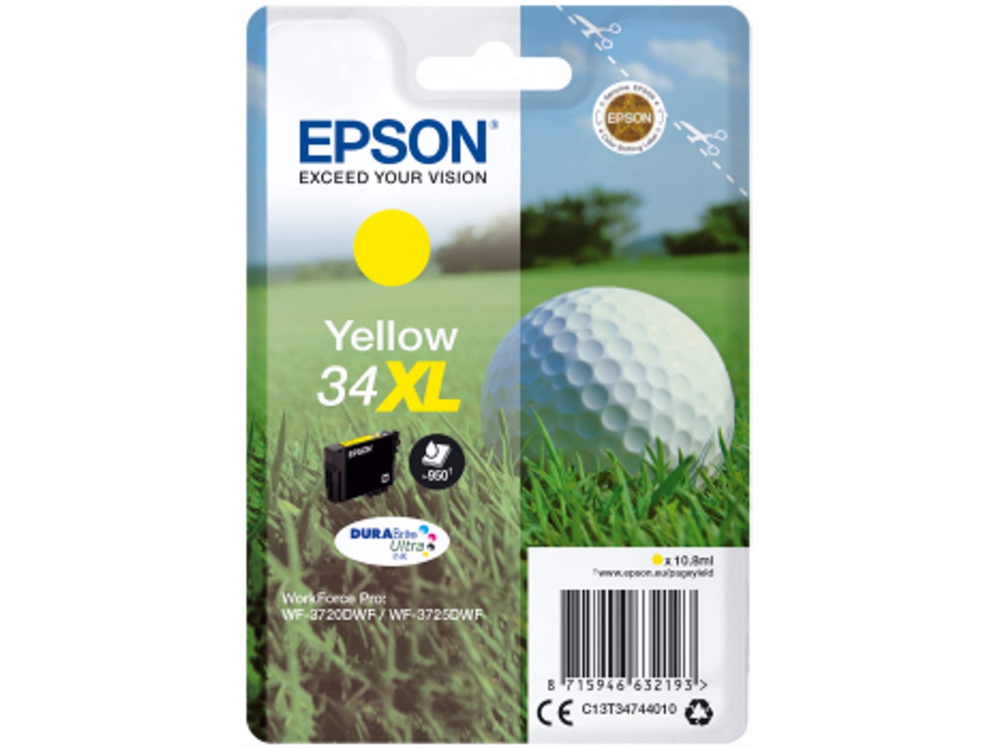 Cartucho de tinta original EPSON 34XL, Bola de golf 10,8 ml, Amarillo, XL, C13T34744010, T3474