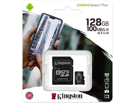 Tarjeta de Memoria MicroSD KINGSTON Canvas Select Plus (128 GB - SDHC) + Adaptador
