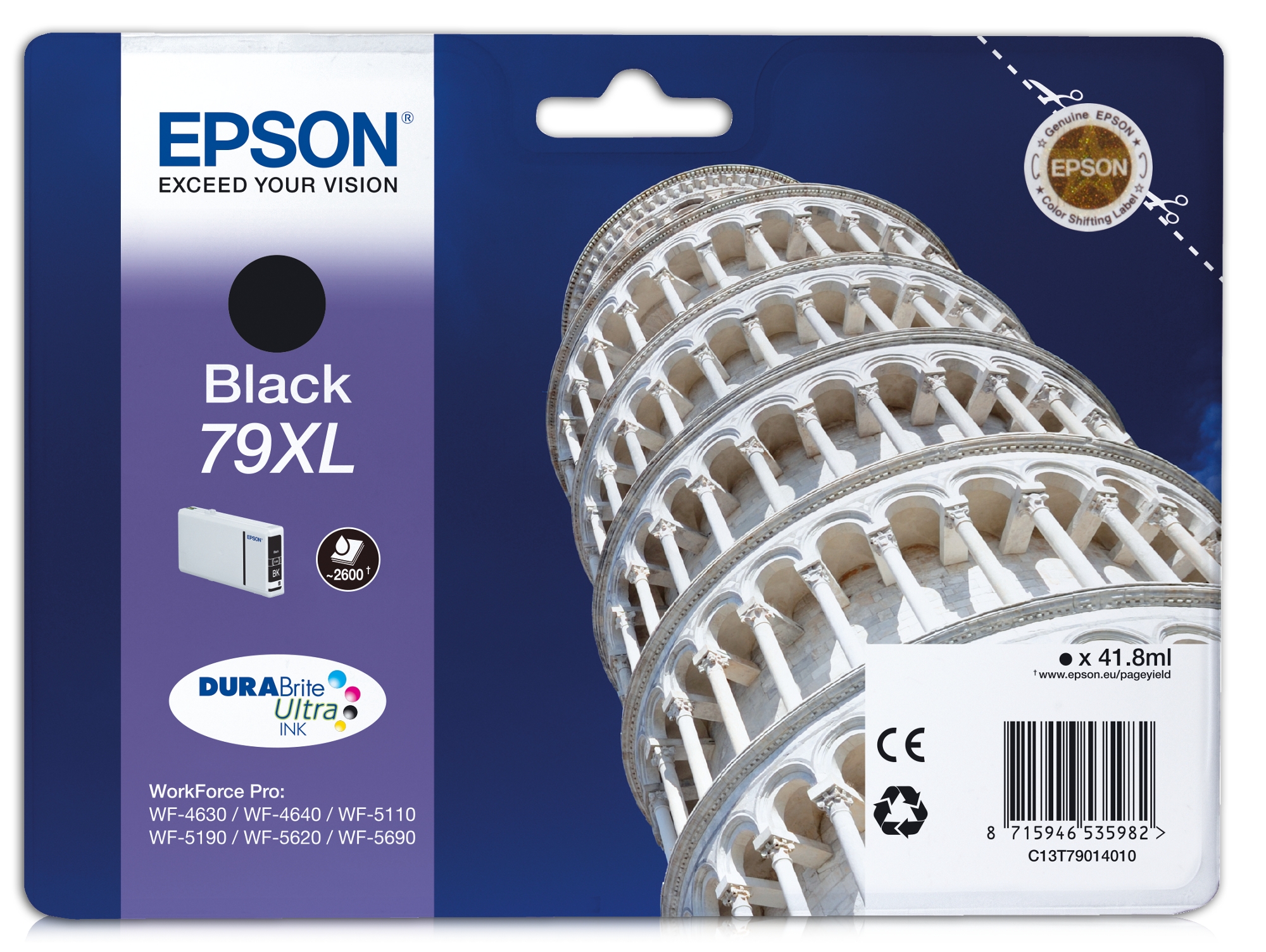Cartucho de tinta original EPSON 79XL, Torre de Pisa 41,8 ml, Negro, Alta, XL, C13T79014010, T7901