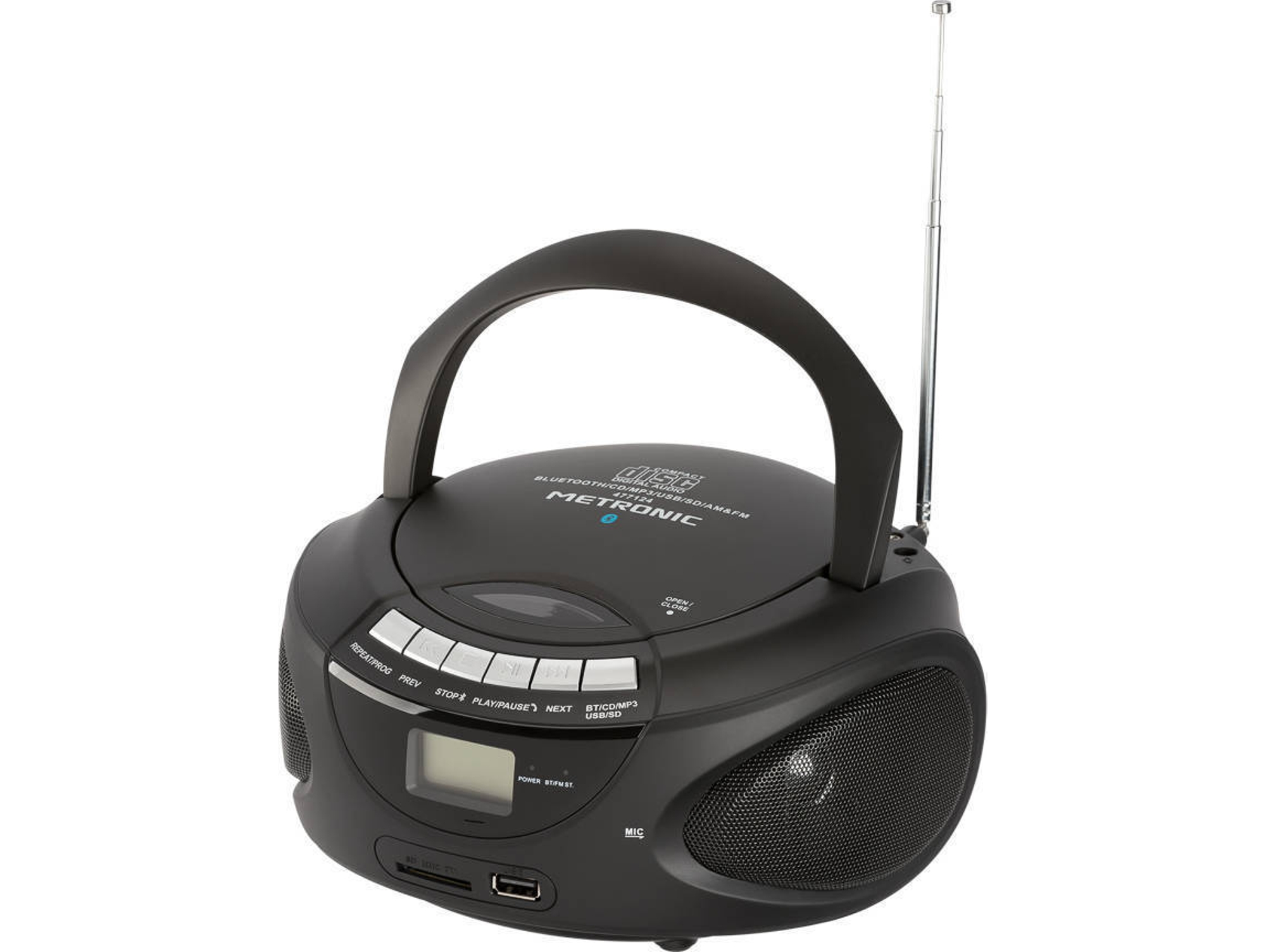 Radio Boombox c/ Lector CD METRONIC Boombox 477124 (Negro - Digital - AM/FM - Pilas y Corriente)