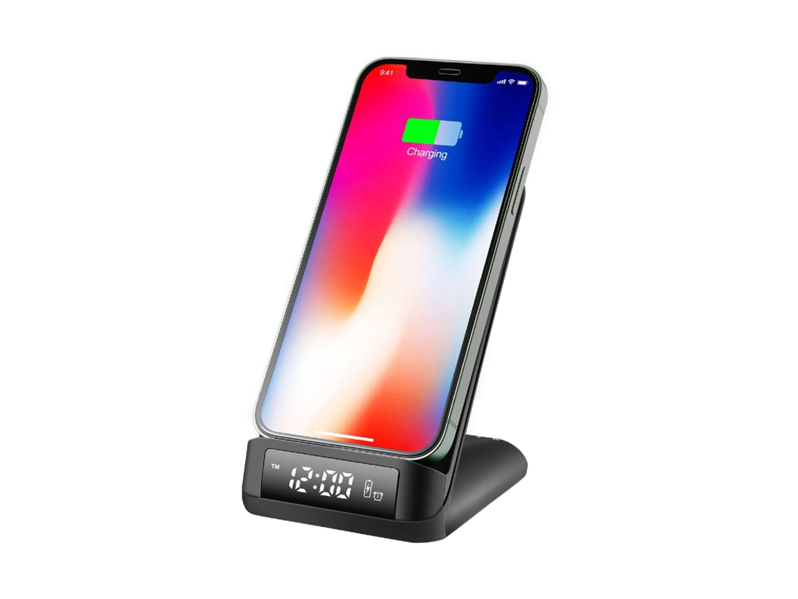 Despertador Cargador Inalámbrico Sobremesa Ksix 15w, Tecnología Qi, Modos Visualización, Temperatura Ambiente, Negro